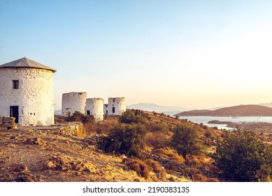 Iconic Bodrum (Turkey) Windmills On The Hill At Summer Afternoon. Toned Image.