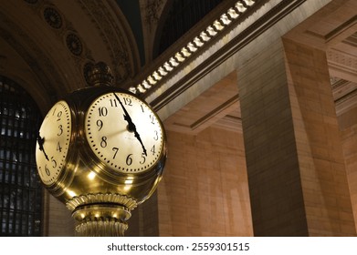 The iconic brass clock at Grand Central Terminal, New York City, stands majestically under the terminal's ornate ceilings and intricate architectural details - Powered by Shutterstock