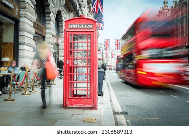 Iconic British red phone box on Piccadilly in London's West End 