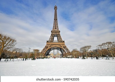 The Iconic Eiffel Tower On A Snowy Winter Day