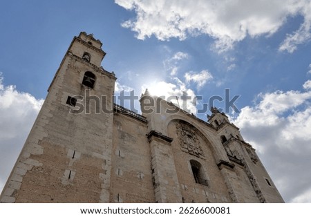 iconic famous landmark church cathedral in merida yucatan mexico (mayan white city maya culture) catholic building exterior at sunset cross peninsula scenic travel tourism destination latin america