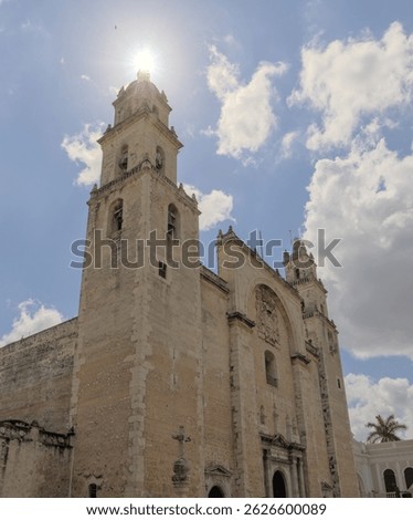 iconic famous landmark church cathedral in merida yucatan mexico (mayan white city maya culture) catholic building exterior at sunset cross peninsula scenic travel tourism destination latin america