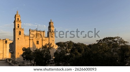 iconic famous landmark church cathedral in merida yucatan mexico (mayan white city maya culture) catholic building exterior at sunset cross peninsula scenic travel tourism destination latin america