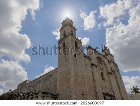 iconic famous landmark church cathedral in merida yucatan mexico (mayan white city maya culture) catholic building exterior at sunset cross peninsula scenic travel tourism destination latin america