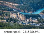 Iconic and Historic Fairmont Banff Springs in the town of Banff in the Canada Rockies seen from the top of Sulphur Mountain