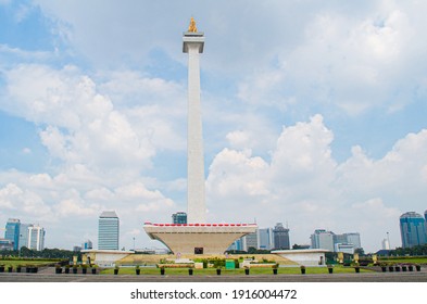 Iconic Monument of Jakarta, Monas, in A Blue Skies and White Clouds