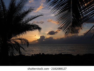 Iconic Orange, Yellow Sunset In Hawaii With Sun Setting On Pacific Ocean Horizon.  Palm Trees In The Foreground Silhouetted Against Blue Cloud And Sunset Sky.  No People And Lots Of Copy Space.