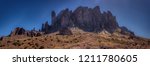 Iconic panorama of Superstition Mountains and Saguaro cacti in Lost Dutchman State Park, Arizona from Treasure Loop Trail