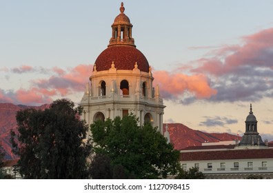 The Iconic Pasadena City Hall In Los Angeles County. Image Taken Against Beautiful And Vibrant Sunset Light. The San Gabriel Mountains Are Visible In The Background.