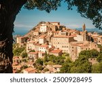 The iconic perched mountain village of Speloncato in the Balagne region of Corsica on a bright sunny day framed by a tree