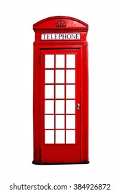 Iconic red British telephone booth isolated on a white background