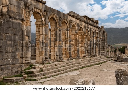 Iconic ruins of the forum in Volubilis, an old ancient Roman city in Morocco, North Africa