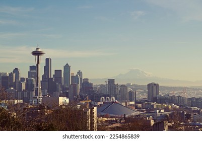 Iconic Seattle Skyline with downtown buildings and mount rainier in the distance - Powered by Shutterstock