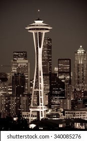 Iconic Seattle Skyline With Space Needle In Foreground.