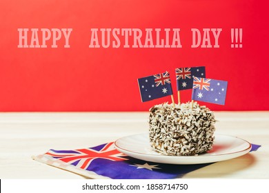 Iconic Traditional Australian Party Food, Lamington Cakes On A Red, White And Blue Background. Australia Flag.