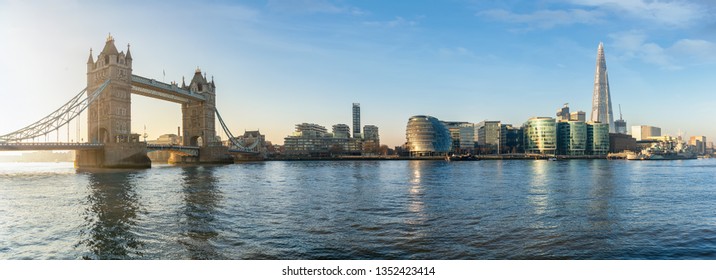 The Iconic Urban Skyline Of London, UK, During A Sunny Morning: From The Tower Bridge To London Bridge