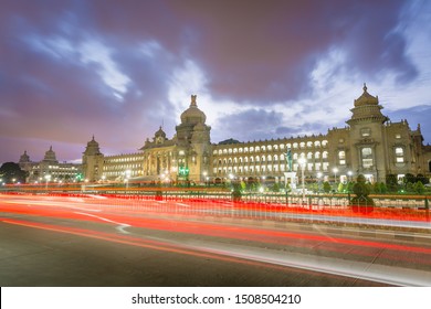 Iconic Vidhana Soudha , Landmark Of Bangalore, Karnataka, India During A Beautiful Sunset. Bangalore Cityscape .Government Building. Commercial & Technology Hub . Modern Bengaluru City. Pub Culture