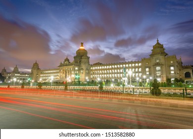 Iconic Vidhana Soudha , Landmark Of Bangalore, Karnataka, India During A Beautiful Sunset. Bangalore Cityscape .Government Building. Commercial & Technology Hub . Modern Bengaluru City. Pub Culture