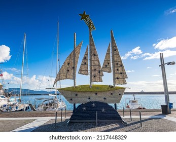 Iconic View Of A Decorated Sailing Boat During Christmas In Kalamata, City, Messinia, Greece