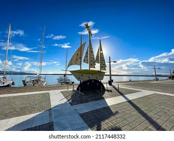 Iconic View Of A Decorated Sailing Boat During Christmas In Kalamata, City, Messinia, Greece