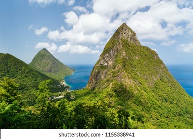 Iconic view of Piton mountains on St Lucia island in Caribbean