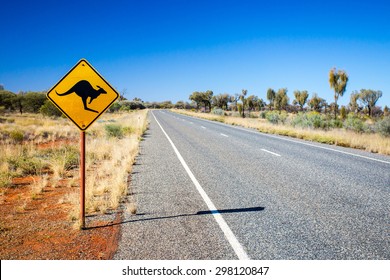 An iconic warning road sign for kangaroos near Uluru in Northern Territory, Australia