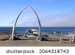 the iconic whale bone arch next to the arctic sea on a sunny summer day in the far north of barrow, alaska