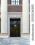 Harvard’s iconic Widener Library entrance in Cambridge, Massachusetts, USA