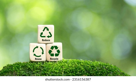 icons related to reduce, reuse, recycle on green background blocks The concept of reduce, reuse, reuse symbols, ecological waste management and sustainable and economical lifestyles. - Shutterstock ID 2316156387