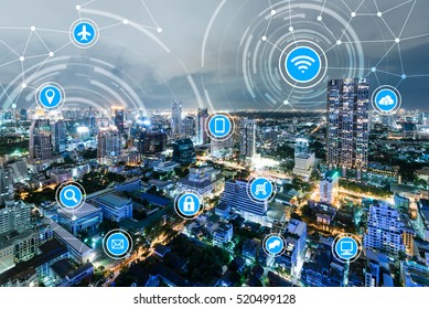 icons of wifi, internet, communication, travel, computer and kinds of technology for smart city conceptual
