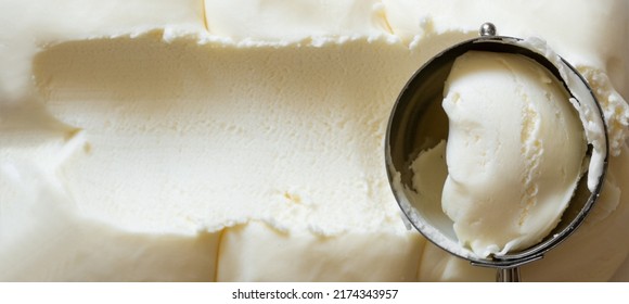 Icre cream background, texture, top view, scoop