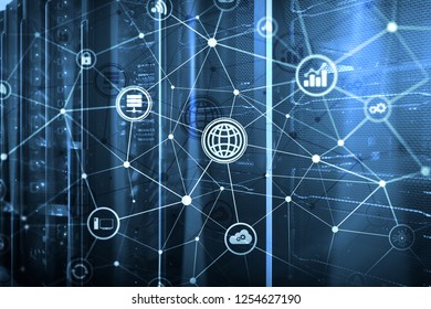 ICT - information and telecommunication technology and IOT - internet of things concepts. Diagrams with icons on server room backgrounds. Data center background.