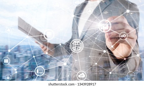 ICT - information and telecommunication technology and IOT - internet of things concepts. Diagrams with icons on server room backgrounds. - Shutterstock ID 1343928917