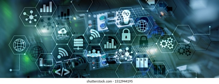 ICT - information and telecommunication technology and IOT - internet of things concepts. Diagrams with icons on server room backgrounds