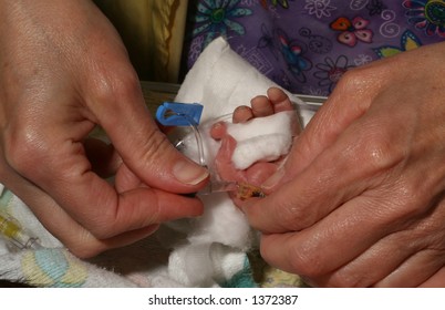 ICU Nurse Tending To The IV Of An Infant