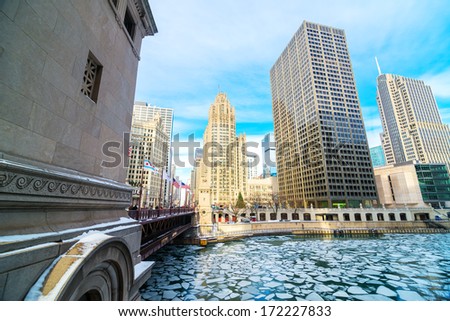 Icy Chicago River in downtown Chicago