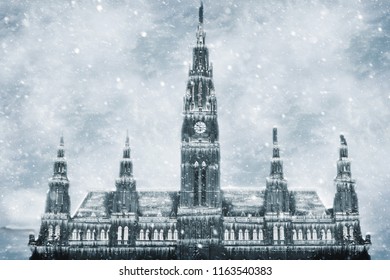 Icy cold freezing winter weather Vienna's City Hall (Rathaus), Austria. Blizzard, hurricane.