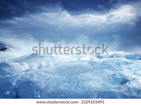Icy cold mountain range with blizzards in winter