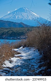 An Icy Footpath Leads To One Of The Fuji Five Lakes, Japan