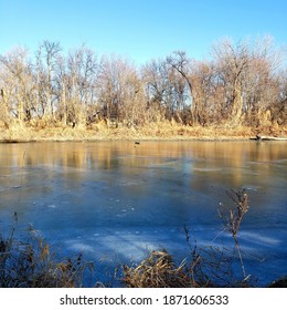 Icy And Frozen Red River In North Dakota. Beautiful View!