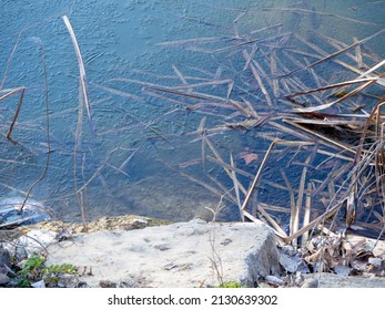 Icy River In Winter With A Large Ice Sheet