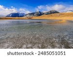 An icy windswept pond in winter in the foothills of the Rocky Mountians in southeast Alberta