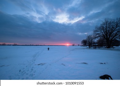 Icy Winter Sunset In Montreal's Parc René-Lévesque