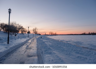 Icy Winter Sunset In Montreal's Parc René-Lévesque