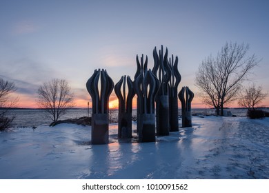 Icy Winter Sunset In Montreal's Parc René-Lévesque