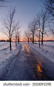 Icy Winter Sunset In Montreal's Parc René-Lévesque