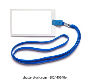 ID card badge with blue ribbon on white isolated background. mock-up. Copy space for text