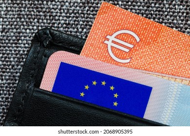 ID Card With European Union Sign And A Corner Of Euro Banknote In Leather Wallet, Macrophotography 