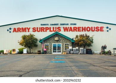 Idaho Falls, ID, USA - August 15th, 2021: Army Surplus Warehouse Building Front View