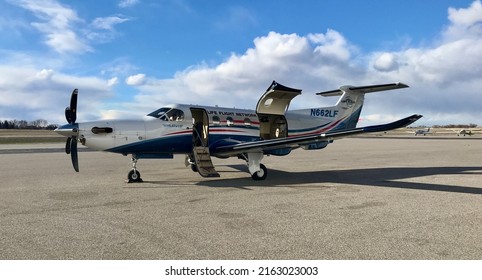 Idaho Falls, Idaho - March 29 2021: A Pilatus PC-12 of Life Flight Network parked on the ramp at Idaho Falls Regional Airport.
